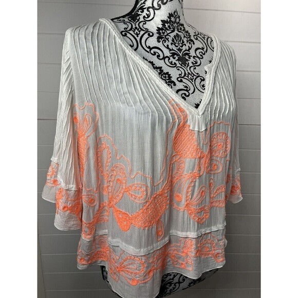 Poupette St. Barth Top Womens One Size Embroidered Viscose Tropical Peach& White - Picture 1 of 13